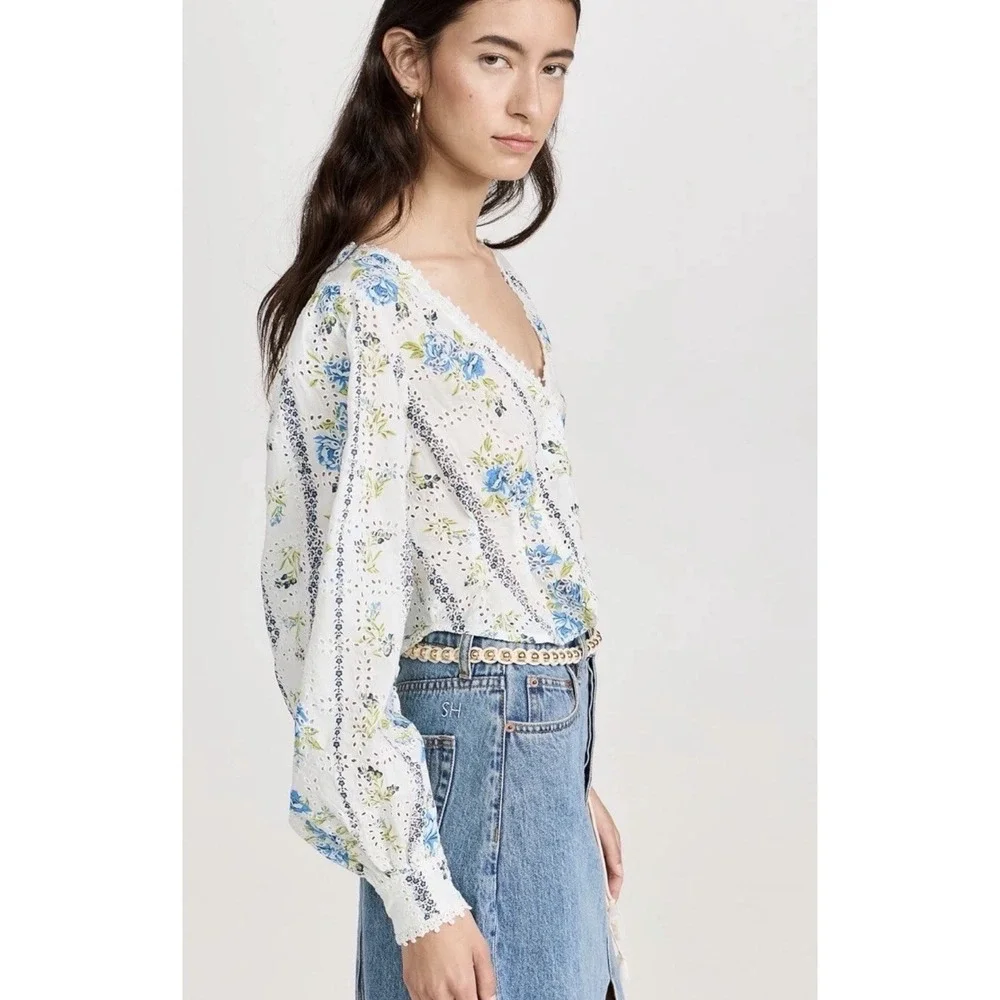 Free People Floral Printed Blossom Eyelet Blouse‎ Smocked White Combo Sz Small